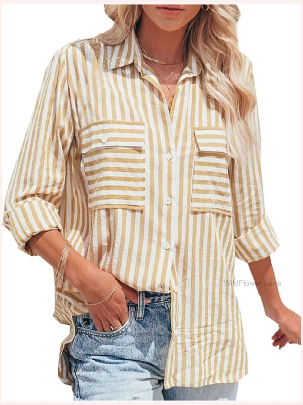 Womens Striped Button Down Shirt Long Sleeve V Neck Blouse with Pockets